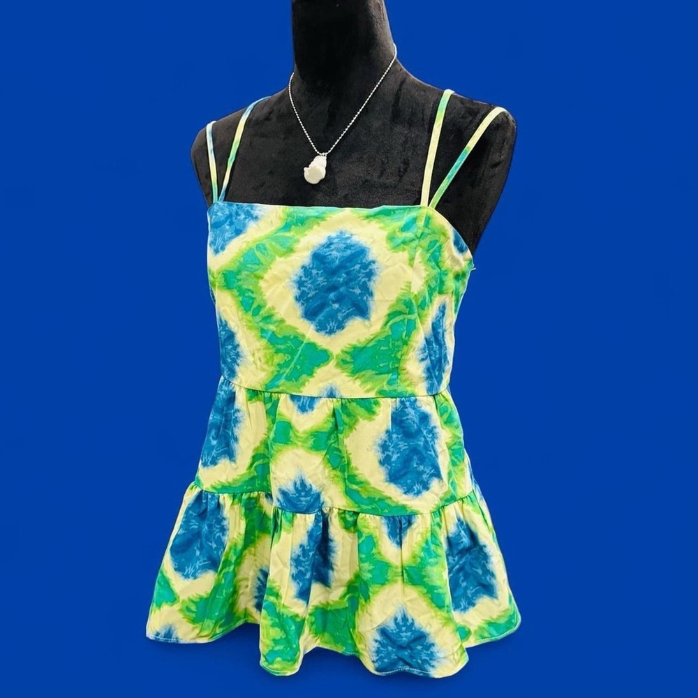 Versona Tie Dye Cami Top M Blue Green Ruffle Hem Spaghetti Strap Fairy Coquette